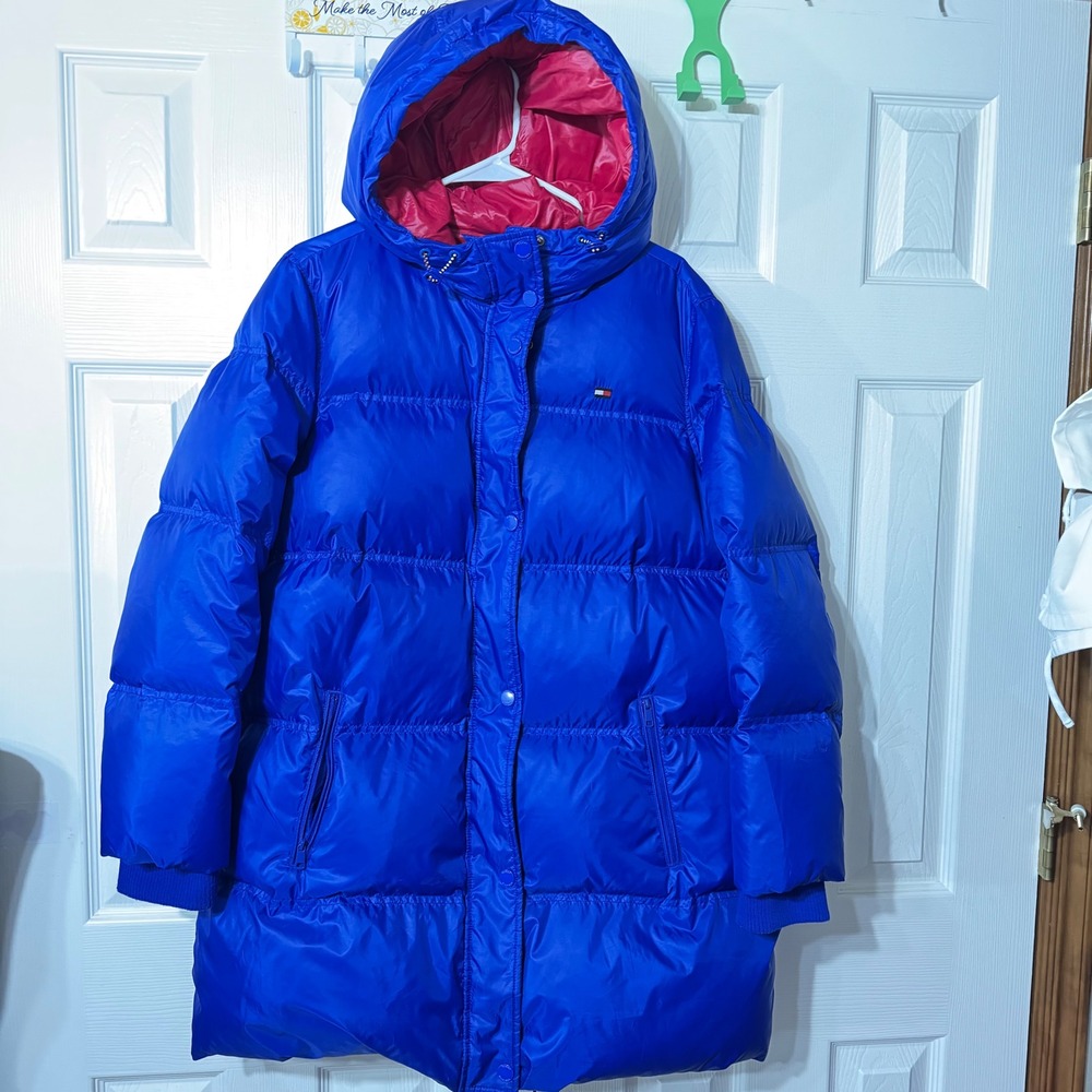 Tommy Hilfiger Puffer Coat Blue Red Hooded Winter warm down Jacket Men size‎ L